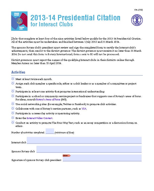 2013-14 Interact Club Presidential Citation Application