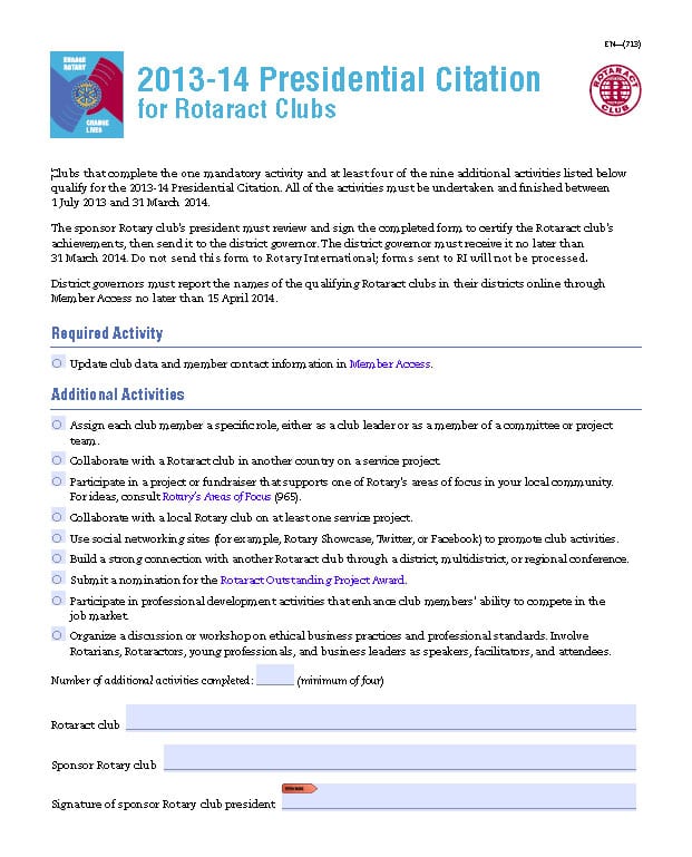 2013-14 Rotaract Club Presidential Citation Application